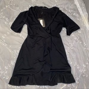 Black Frill Detail Faux Wrap Dress